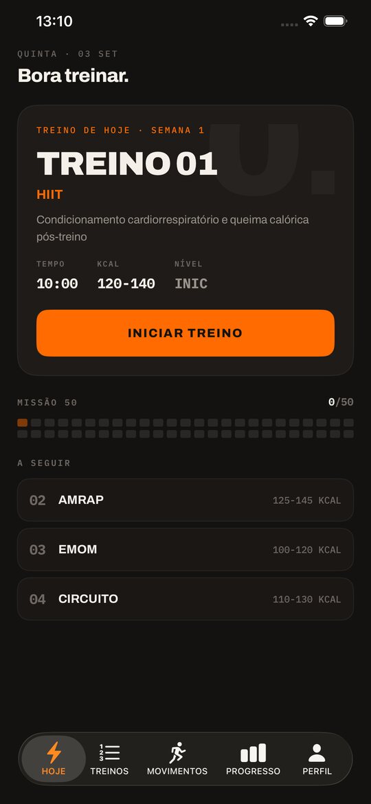 Tela Hoje do app: “Bora treinar”, o cartão do Treino 01, HIIT, com tempo de 10 minutos, calorias e nível, o botão Iniciar treino, a grade da Missão 50 e os próximos treinos.