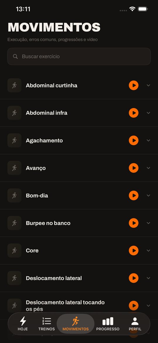 Tela Movimentos: a biblioteca com a busca e a lista de movimentos, como Abdominal curtinha, Agachamento, Avanço, Bom-dia e Burpee no banco, cada um com o vídeo e o detalhe de execução.
